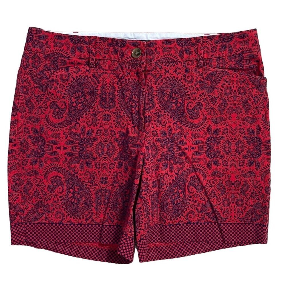 Lands' End Womens Shorts Red Navy Paisley Dot Size 12 Cotton Stretch